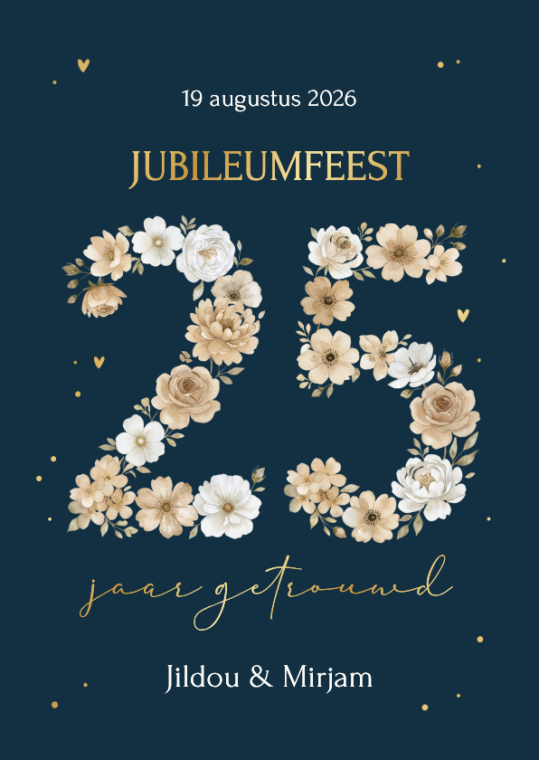 Jubileumkaarten - Uitnodiging jubileum 25 jaar in bloemetjes donkerblauw goud