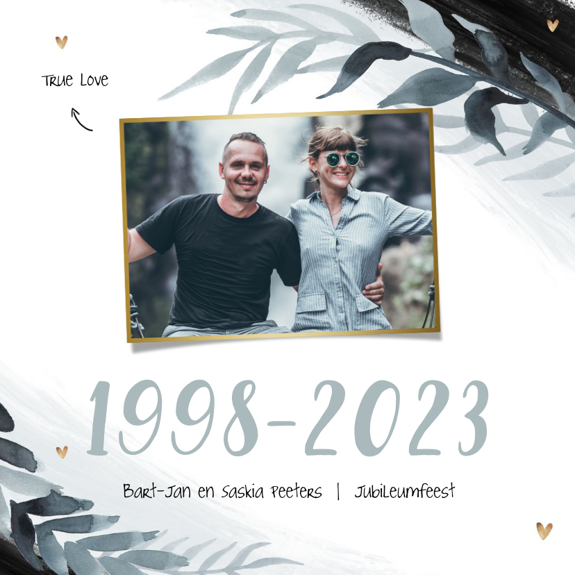 Uitnodiging jubileum 25 jaar stijlvol bladeren foto hartjes - Jubileumkaarten Jubileumkaarten - Uitnodiging jubileum 25 jaar stijlvol bladeren foto hartjes
