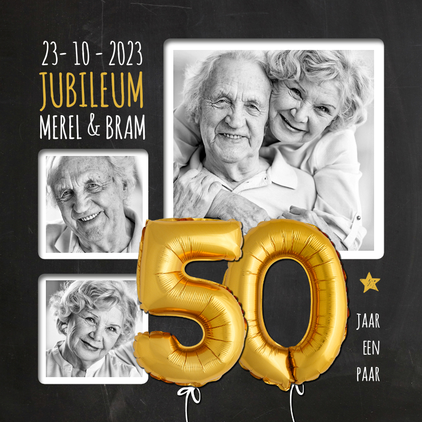 Jubileumkaarten - Uitnodiging jubileum ballonnen goud 50 jaar krijtbord