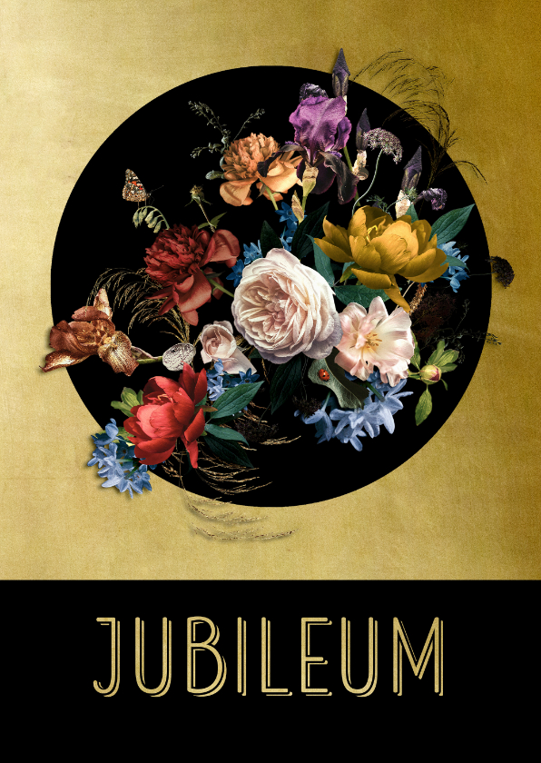 Jubileumkaarten - Uitnodiging Jubileum bloemen oude meesters met goud detail