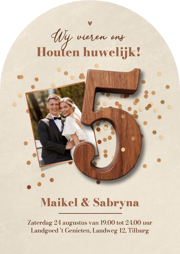 Uitnodiging jubileum boogkaart 5 jaar houten huwelijk - Jubileumkaarten Jubileumkaarten - Uitnodiging jubileum boogkaart 5 jaar houten huwelijk