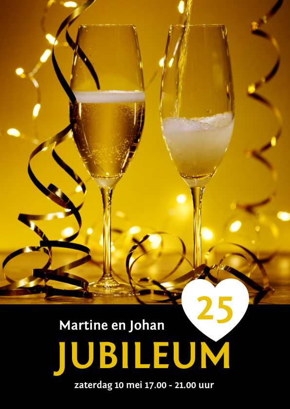 Jubileumkaarten - Uitnodiging jubileum champagne en slingers binnen eigen foto