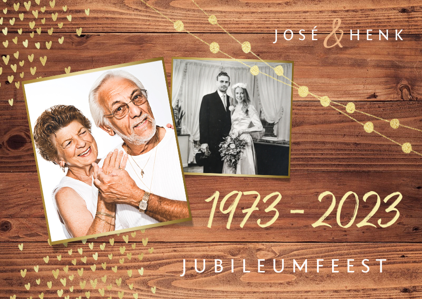 Jubileumkaarten - Uitnodiging jubileum goud hout stijlvol foto's hartjes