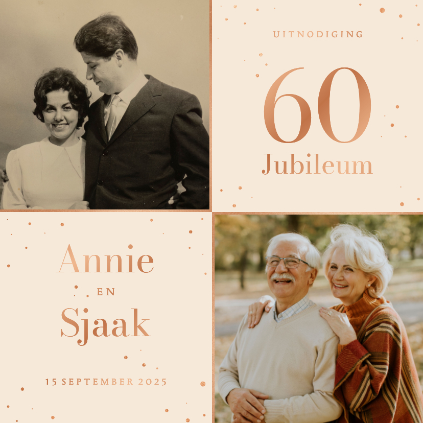 Uitnodiging jubileum met foto's en spetters koper - Jubileumkaarten Jubileumkaarten - Uitnodiging jubileum met foto's en spetters koper