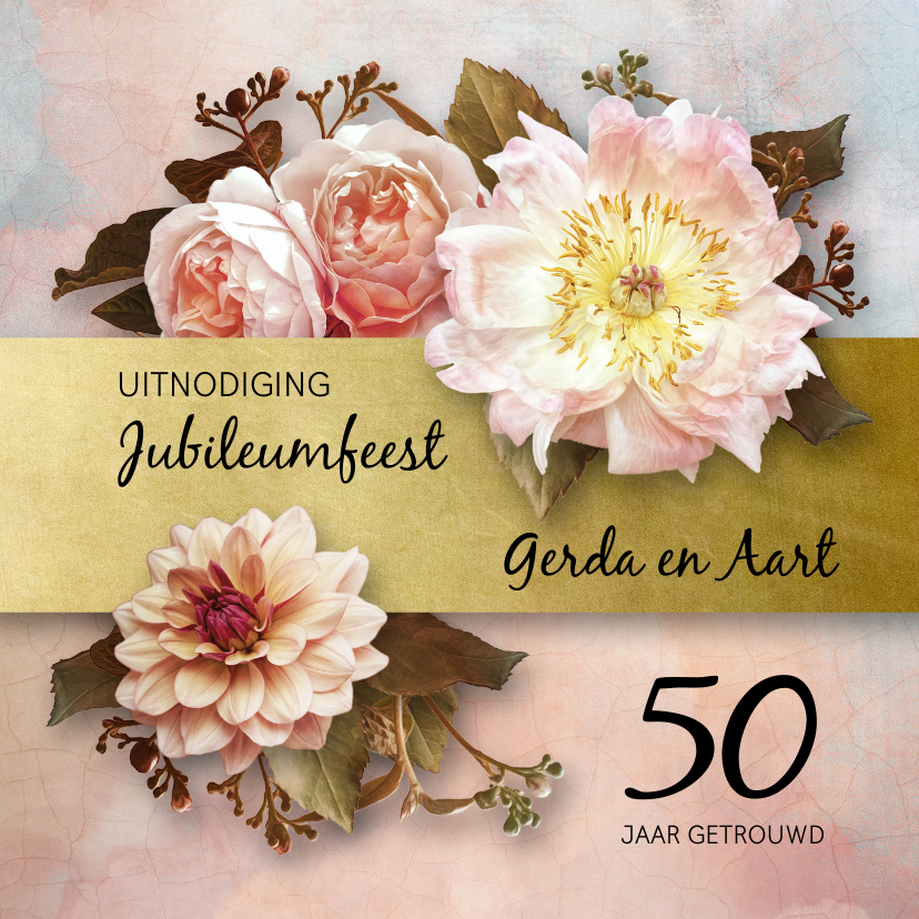 Jubileumkaarten - Uitnodiging jubileum stijlvolle bloemen oude meesters roze 