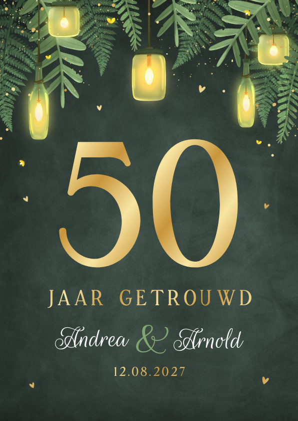 Jubileumkaarten - Uitnodiging jubileumfeest 50 goud lampjes tuinfeest