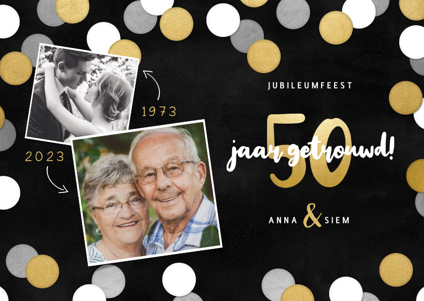 Jubileumkaarten - Uitnodiging jubileumfeest 50 jaar getrouwd confetti & foto's