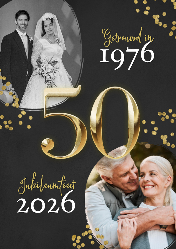 Uitnodiging jubileumfeest 50 jaar getrouwd confetti goud - Jubileumkaarten Jubileumkaarten - Uitnodiging jubileumfeest 50 jaar getrouwd confetti goud