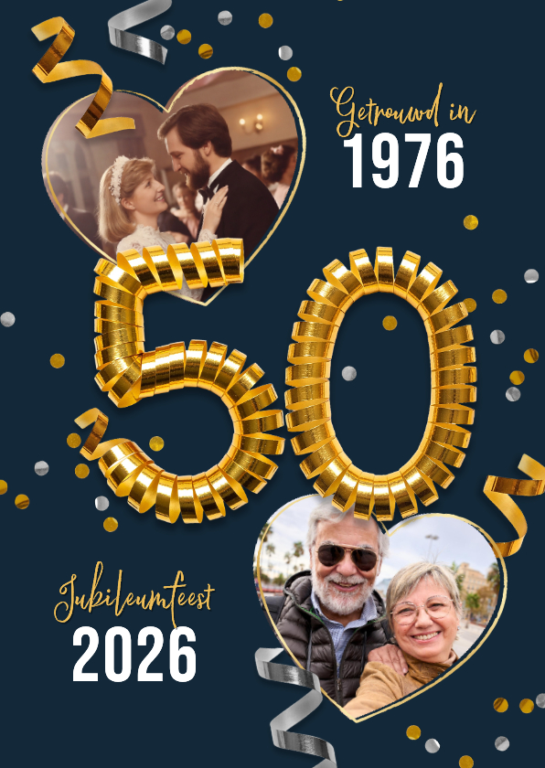 Jubileumkaarten - Uitnodiging jubileumfeest 50 jaar goud confetti foto's