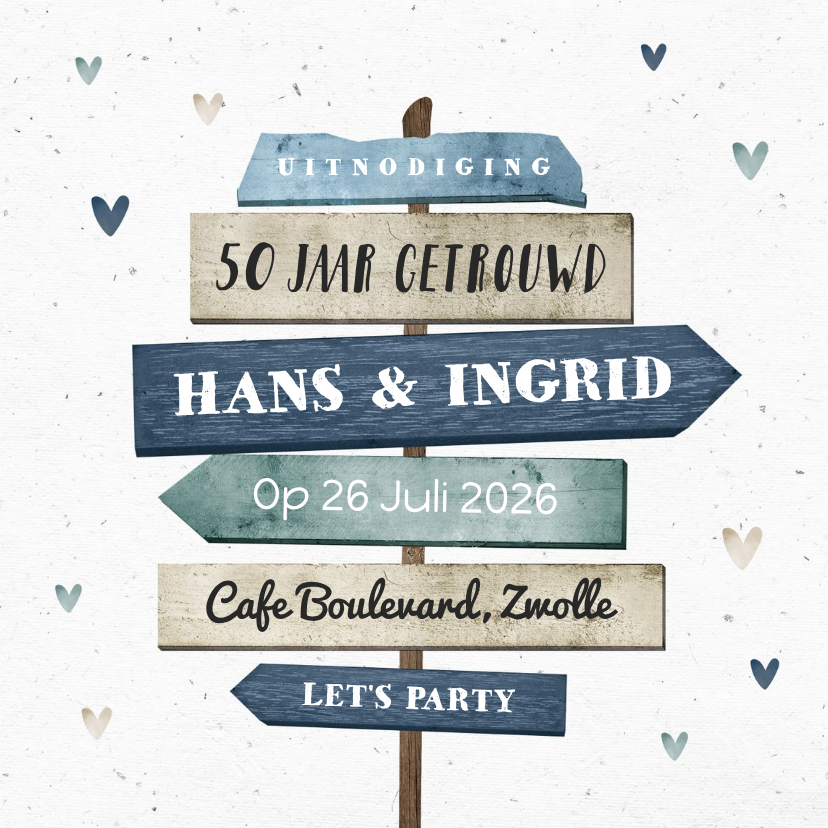 Jubileumkaarten - Uitnodiging jubileumfeest gegwijzers 50 jaar getrouwd 