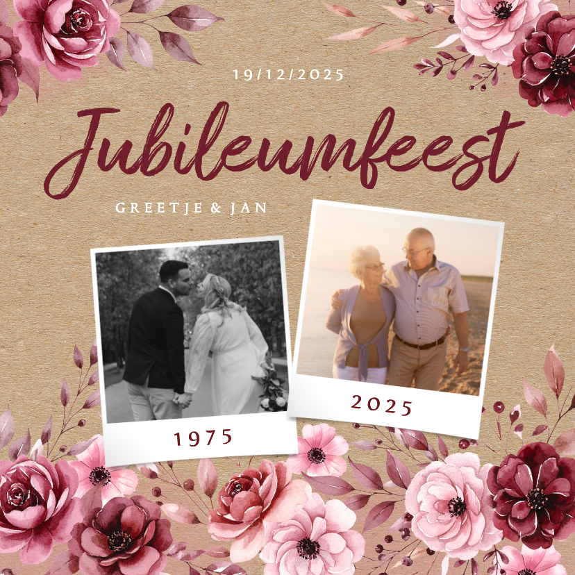 Jubileumkaarten - Uitnodiging jubileumfeest met vintage bloemen kraftpapier