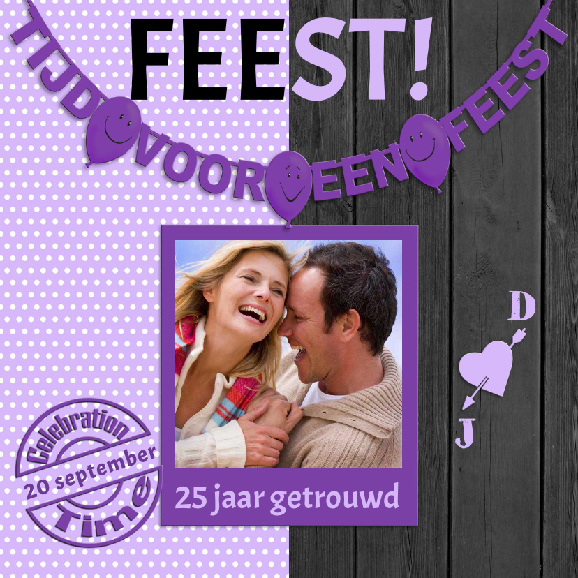 Uitnodiging voor een FEEST met violet stippen, hout en foto - Jubileumkaarten Jubileumkaarten - Uitnodiging voor een FEEST met violet stippen, hout en foto