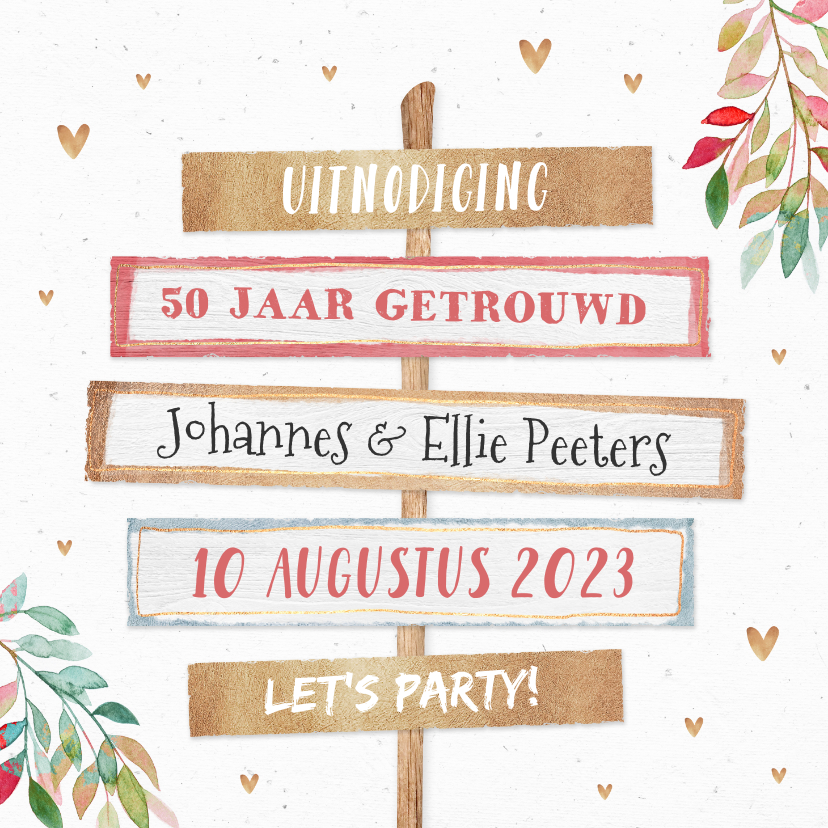 Uitnodiging wegwijzers 50 jaar getrouwd goud bloemen - Jubileumkaarten Jubileumkaarten - Uitnodiging wegwijzers 50 jaar getrouwd goud bloemen