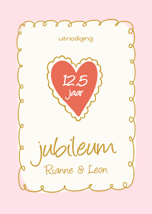 Jubileumkaarten - Vrolijke jubileumkaart met roze kader en hartje met getal
