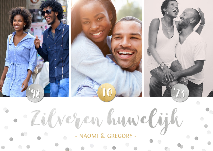 Zilveren huwelijk 25 jaar getrouwd kaart met 3 eigen foto's - Jubileumkaarten Jubileumkaarten - Zilveren huwelijk 25 jaar getrouwd kaart met 3 eigen foto's