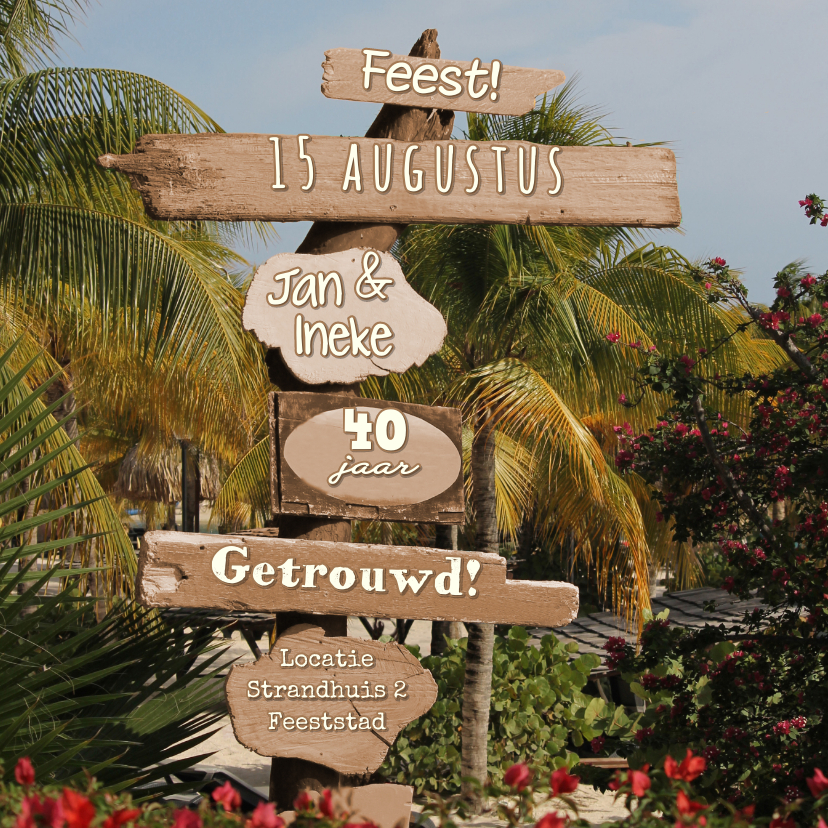 Zomer palmbomen paal hout 4knt - Jubileumkaarten Jubileumkaarten - Zomer palmbomen paal hout 4knt