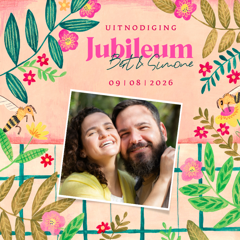 Jubileumkaarten - Zomerse jubileum uitnodiging met foto bloemen en bijen