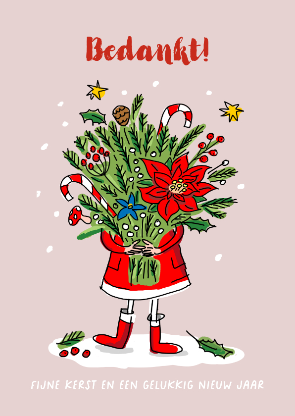 Kerstkaarten - Bedankkaart met meisje met kerstboeket