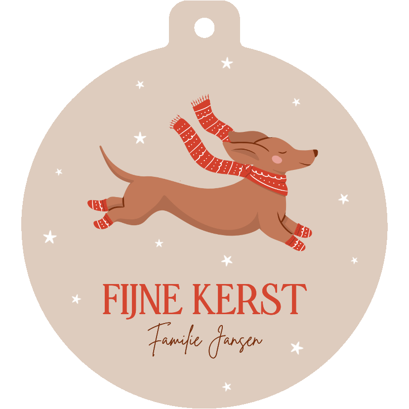 Beige kerstkaartje in kerstbal vorm met teckel en sterren - Kerstkaarten Kerstkaarten - Beige kerstkaartje in kerstbal vorm met teckel en sterren