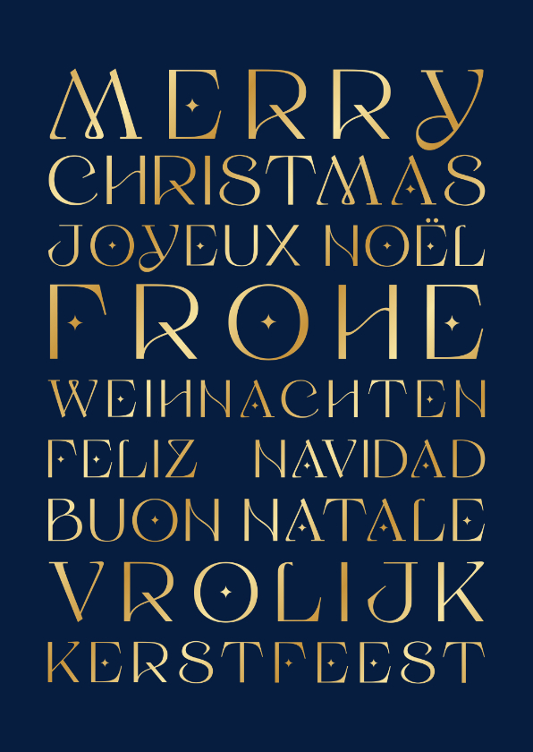 Kerstkaarten - Blauwe kerstkaart met tekst in verschillende talen
