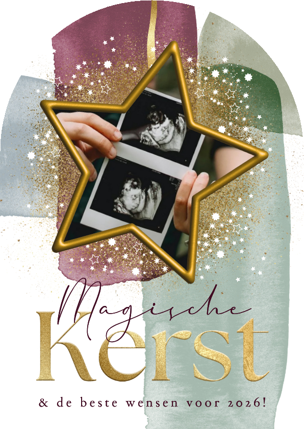 Kerstkaarten - Boogvorm kerstkaart magische kerst sterren goud waterverf