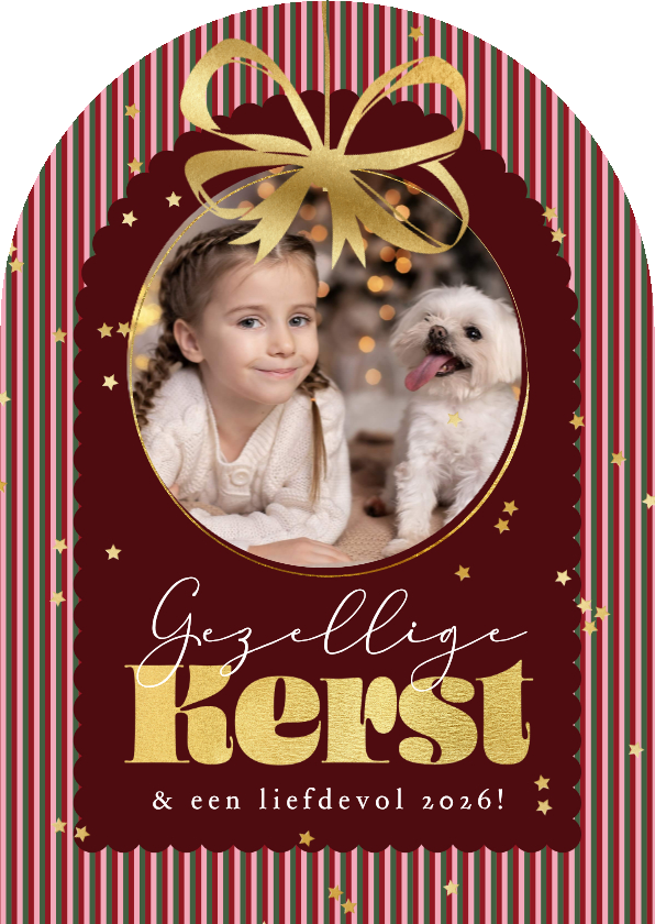Boogvorm kerstkaart streeppatroon kerstbal strik goud foto - Kerstkaarten Kerstkaarten - Boogvorm kerstkaart streeppatroon kerstbal strik goud foto
