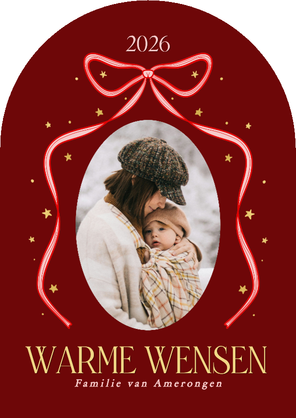 Boogvorm kerstkaartje met strik en foto rood - Kerstkaarten Kerstkaarten - Boogvorm kerstkaartje met strik en foto rood