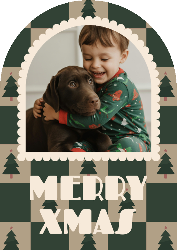 Boogvormig foto kerstkaartje blokjespatroon met kerstbomen - Kerstkaarten Kerstkaarten - Boogvormig foto kerstkaartje blokjespatroon met kerstbomen