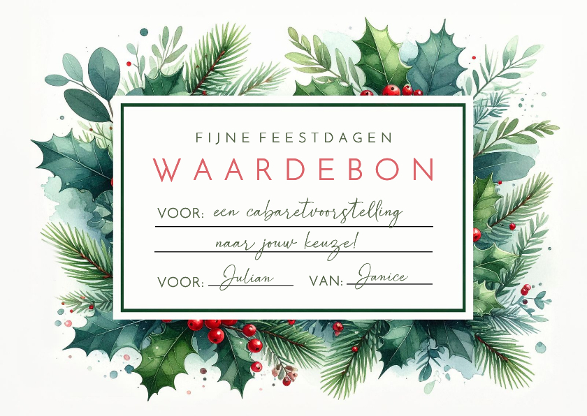 Kerstkaarten - Botanische waardebon kerst cadeaukaart met takjes