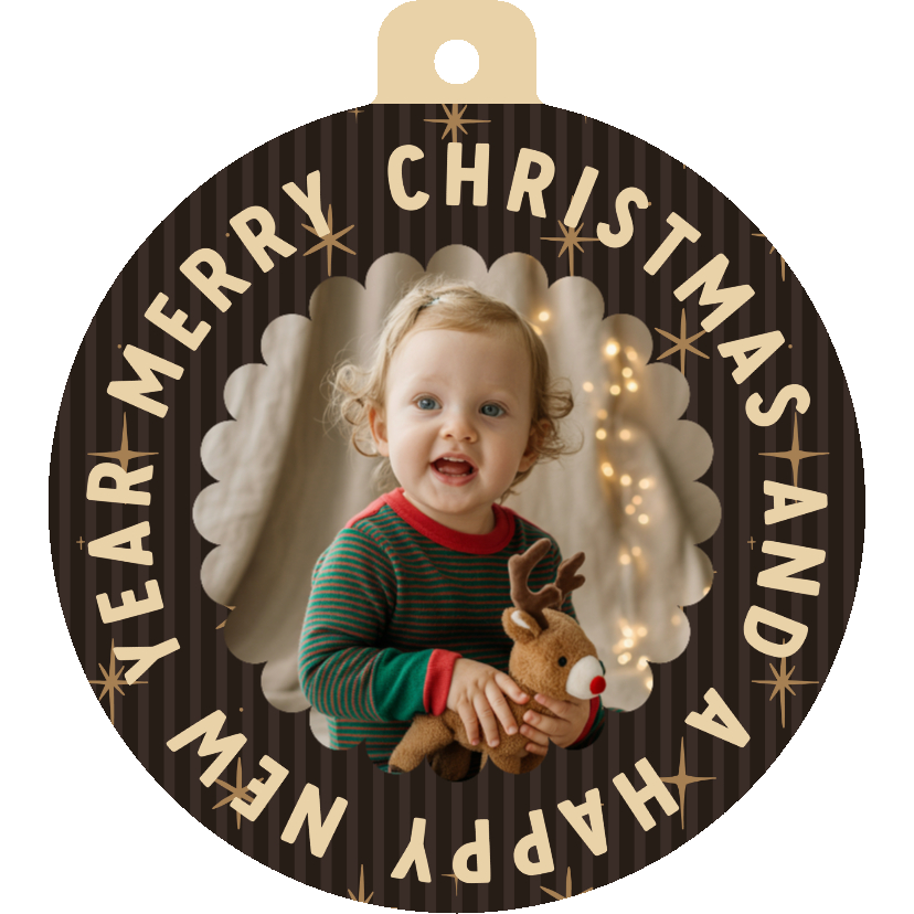 Bruine foto kerstbalkaart met streepjes, sterren - Kerstkaarten Kerstkaarten - Bruine foto kerstbalkaart met streepjes, sterren