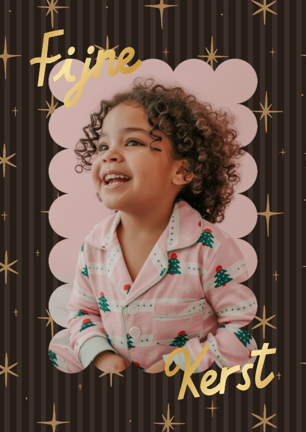 Bruine foto kerstkaart met streepjes, sterren en goudfolie - Kerstkaarten Kerstkaarten - Bruine foto kerstkaart met streepjes, sterren en goudfolie