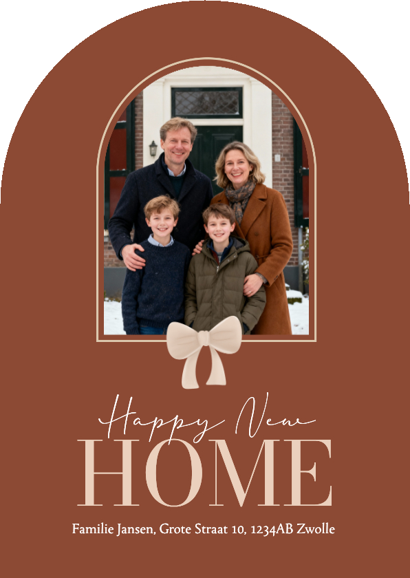 Kerstkaarten - Bruine kerstkaart verhuizing boog met strikje en foto