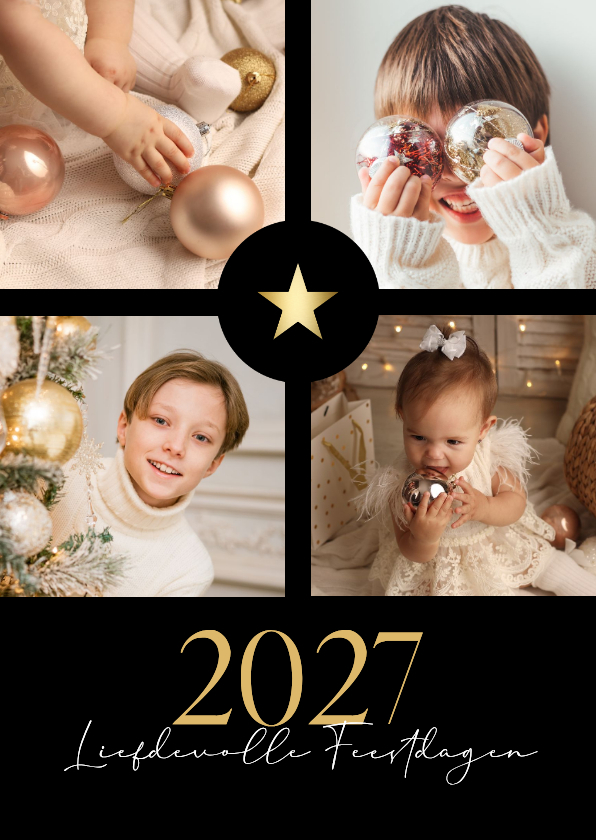 Kerstkaarten - Chique zwarte fotocollage kerstkaart met gouden ster