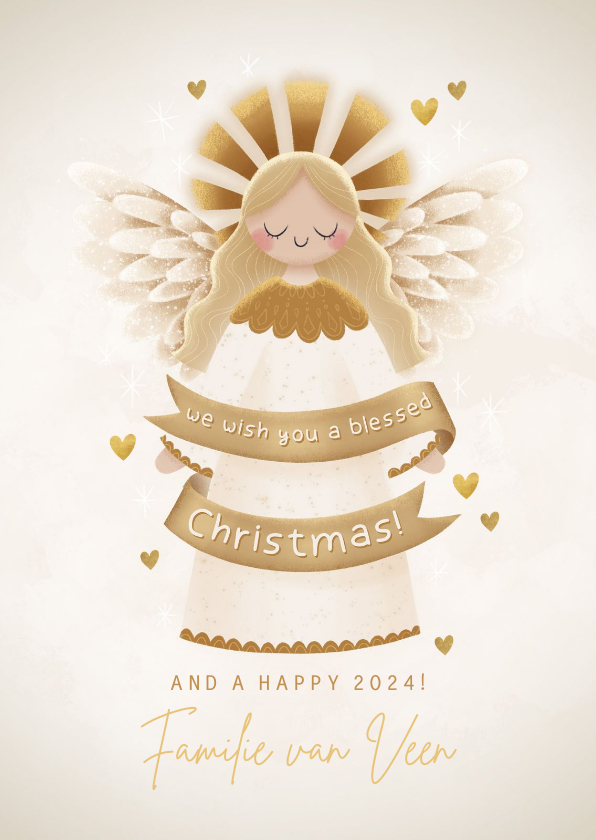 Christelijke kerstkaart engeltje hartjes Blessed Christmas - Kerstkaarten Kerstkaarten - Christelijke kerstkaart engeltje hartjes Blessed Christmas