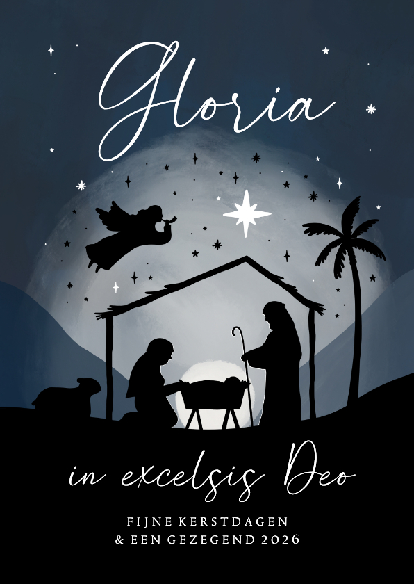 Christelijke kerstkaart kerststal silhouet engel sterren - Kerstkaarten Kerstkaarten - Christelijke kerstkaart kerststal silhouet engel sterren