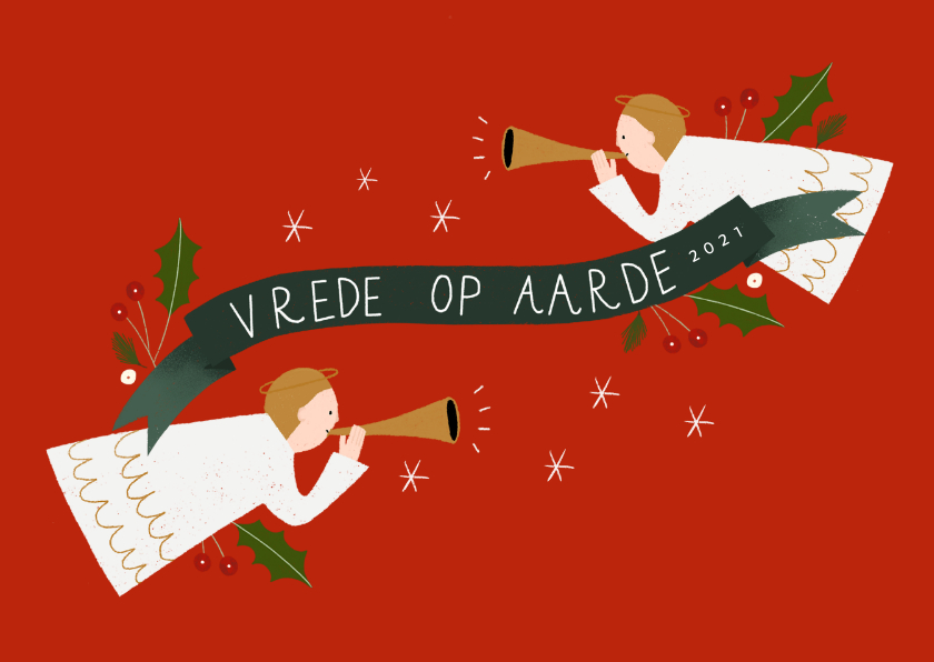 Christelijke kerstkaart met engeltjes en banner - Kerstkaarten Kerstkaarten - Christelijke kerstkaart met engeltjes en banner