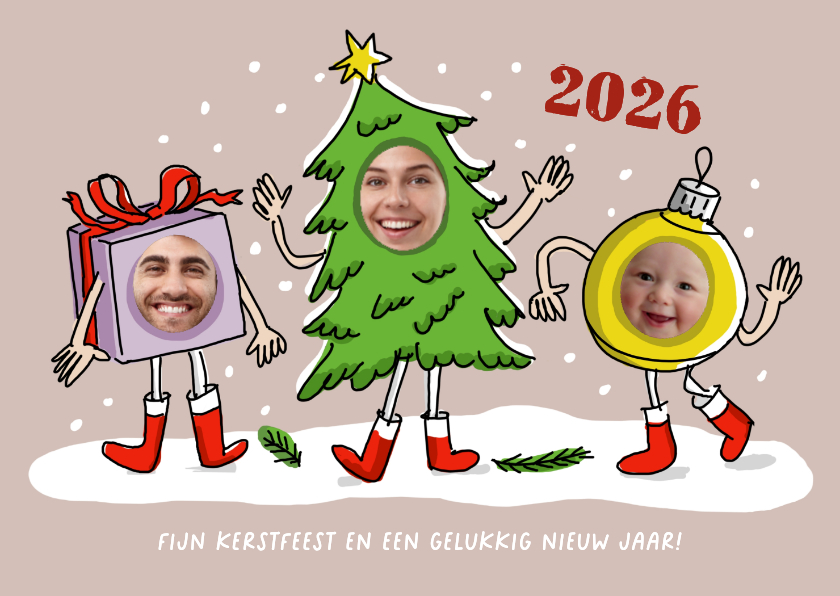 Dansende kerstbal kerstboom en kerstkado fotocollage - Kerstkaarten Kerstkaarten - Dansende kerstbal kerstboom en kerstkado fotocollage