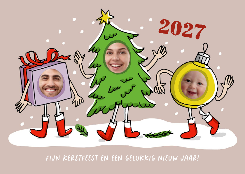 Kerstkaarten - Dansende kerstbal kerstboom en kerstkado fotocollage
