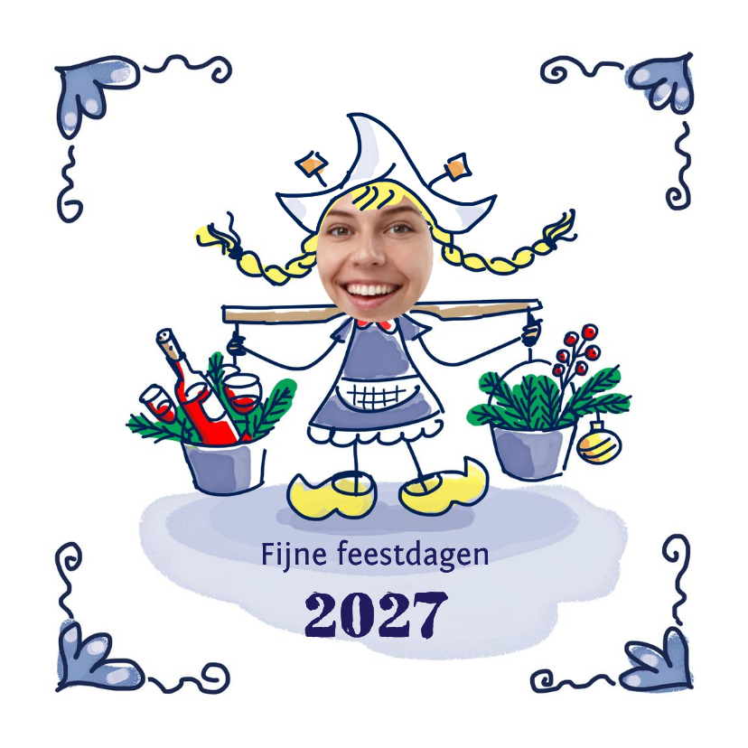 Delfts blauw tegeltje met boerinnetje met 2 emmertjes - Kerstkaarten Kerstkaarten - Delfts blauw tegeltje met boerinnetje met 2 emmertjes