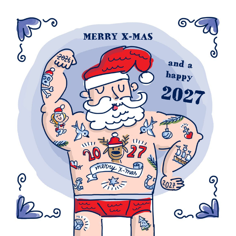 Delftsblauwe kerstkaart met tatoeage kerstman - Kerstkaarten Kerstkaarten - Delftsblauwe kerstkaart met tatoeage kerstman