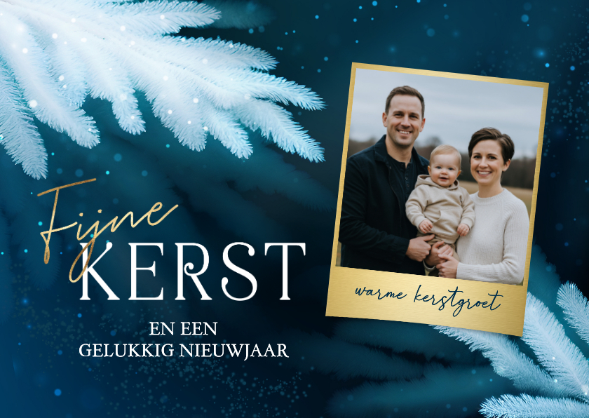 Familie foto kerstkaart blauw met takken - Kerstkaarten Kerstkaarten - Familie foto kerstkaart blauw met takken