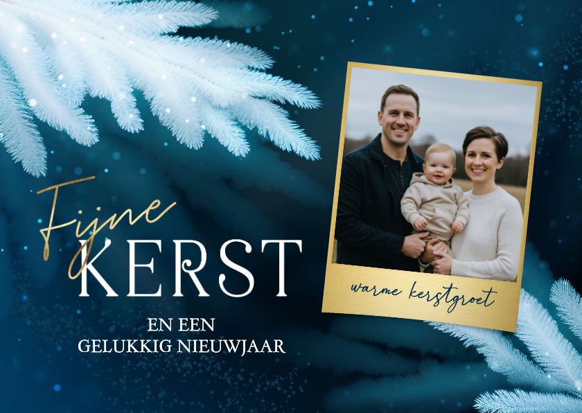 Kerstkaarten - Familie foto kerstkaart blauw met takken