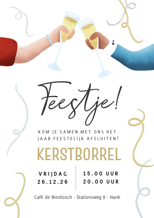 Feestelijke kerstborrel uitnodiging met proostende handjes - Kerstkaarten Kerstkaarten - Feestelijke kerstborrel uitnodiging met proostende handjes