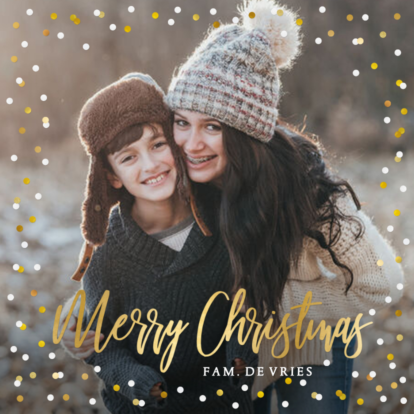 Feestelijke kerstkaart met confetti rand en grote eigen foto - Kerstkaarten Kerstkaarten - Feestelijke kerstkaart met confetti rand en grote eigen foto