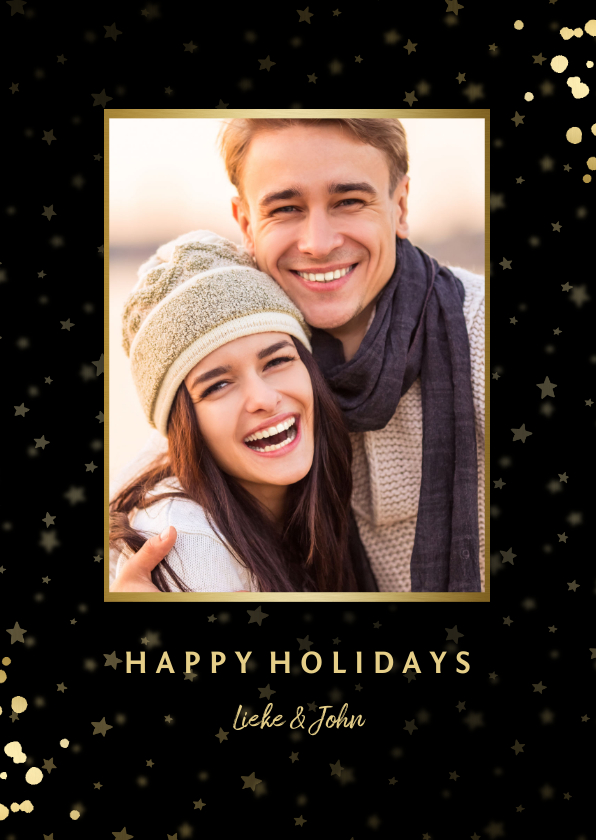 Feestelijke kerstkaart met sterren, foto en gouden confetti - Kerstkaarten Kerstkaarten - Feestelijke kerstkaart met sterren, foto en gouden confetti