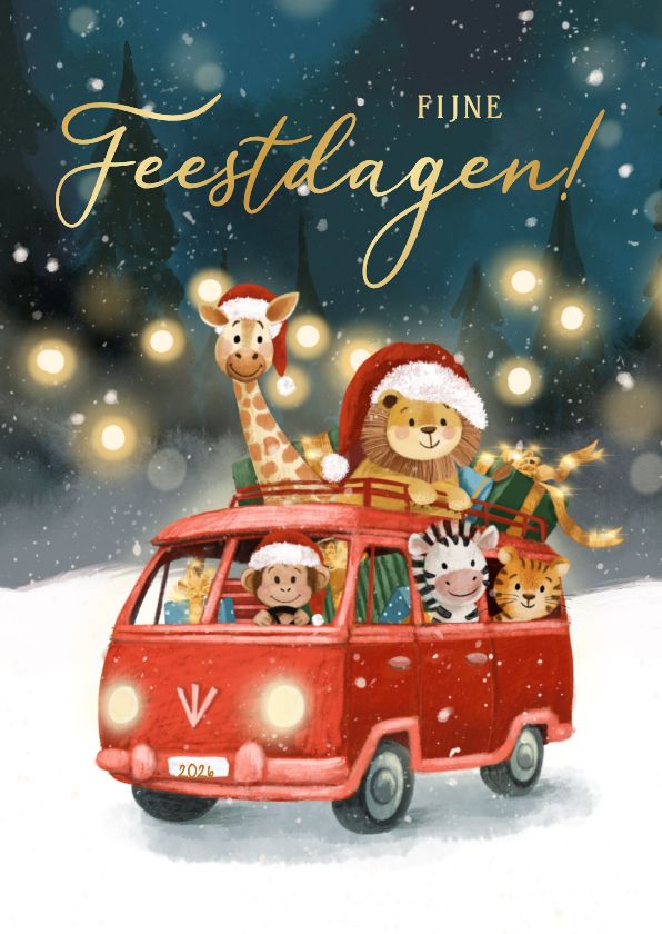 Kerstkaarten - Fijne feestdagen met dieren in busje in de sneeuw