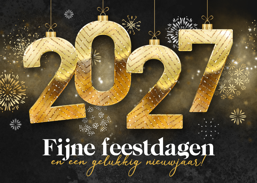Kerstkaarten - Flitsende kerstkaart 2027 vuurwerk kerstballen goud