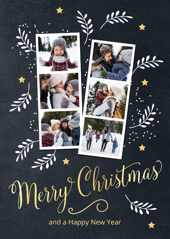 Foto collage kerstkaart met takjes en sterren - Kerstkaarten Kerstkaarten - Foto collage kerstkaart met takjes en sterren