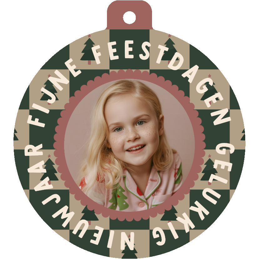 Foto kerstbalvorm kaart blokjespatroon kerstboompjes - Kerstkaarten Kerstkaarten - Foto kerstbalvorm kaart blokjespatroon kerstboompjes