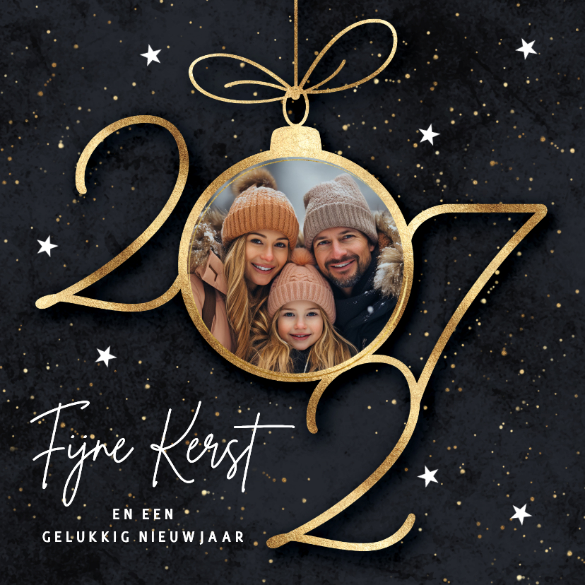 Kerstkaarten - Foto kerstkaart 2027 gouden kerstbal sterren